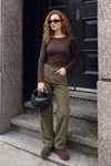 Fitilli Kadife Dokulu Bol Paça Wide Leg Kadın Pantolon 668YP5682 HAKİ