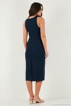 Fitilli Slim Fit Bisiklet Yaka Yırtmaçlı Midi Boy Kadın Elbise 5866101 LACİVERT