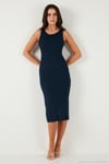 Fitilli Slim Fit Bisiklet Yaka Yırtmaçlı Midi Boy Kadın Elbise 5866101 LACİVERT