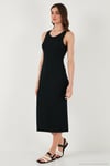 Fitilli Slim Fit Bisiklet Yaka Yırtmaçlı Midi Boy Kadın Elbise 5866101 SİYAH