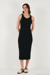 Fitilli Slim Fit Bisiklet Yaka Yırtmaçlı Midi Boy Kadın Elbise 5866101 SİYAH