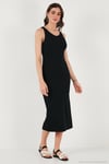 Fitilli Slim Fit Bisiklet Yaka Yırtmaçlı Midi Boy Kadın Elbise 5866101 SİYAH