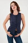 Fitted Fit Bisiklet Yaka Düğmeli Yumuşak Dokulu Kadın Yelek 5866435 LACİVERT