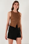 Fitted Fit Bisiklet Yaka Düğmeli Yumuşak Dokulu Kadın Yelek 5866435 TABA
