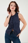 Fitted Fit Bisiklet Yaka Düğmeli Yumuşak Dokulu Kadın Yelek 5866435 LACİVERT