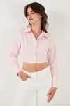Fitted Fit Pamuklu Korse Detaylı Uzun Kollu Crop Kadın Gömlek 611GO00376 Şeker Pembe