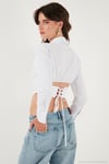 Fitted Fit Pamuklu Korse Detaylı Uzun Kollu Crop Kadın Gömlek 611GO00376 BEYAZ