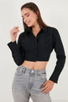Fitted Fit Pamuklu Korse Detaylı Uzun Kollu Crop Kadın Gömlek 611GO00376 SİYAH