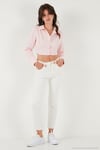 Fitted Fit Pamuklu Korse Detaylı Uzun Kollu Crop Kadın Gömlek 611GO00376 Şeker Pembe