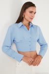 Fitted Fit Pamuklu Korse Detaylı Uzun Kollu Crop Kadın Gömlek 611GO00376 BEBE MAVİ
