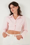 Fitted Fit Pamuklu Korse Detaylı Uzun Kollu Crop Kadın Gömlek 611GO00376 Şeker Pembe