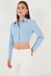 Fitted Fit Pamuklu Korse Detaylı Uzun Kollu Crop Kadın Gömlek 611GO00376 BEBE MAVİ