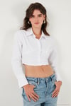 Fitted Fit Pamuklu Korse Detaylı Uzun Kollu Crop Kadın Gömlek 611GO00376 BEYAZ