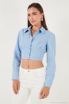 Fitted Fit Pamuklu Korse Detaylı Uzun Kollu Crop Kadın Gömlek 611GO00376 BEBE MAVİ