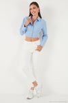 Fitted Fit Pamuklu Korse Detaylı Uzun Kollu Crop Kadın Gömlek 611GO00376 BEBE MAVİ