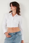 Fitted Fit Pamuklu Korse Detaylı Uzun Kollu Crop Kadın Gömlek 611GO00376 BEYAZ