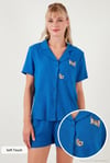 Gömlek Yaka Beli Lastikli Kısa Kollu Şortlu Kadın Pijama Takımı 611PT00123 MAVİ