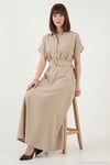 Gömlek Yaka Kemerli Maxi Boy Kadın Elbise 6922376 VİZON