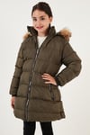 İçi Peluş Astarlı Çıkarılabilir Kapüşonlu Suya Dayanıklı Kız Çocuk Mont 5761910 HAKİ