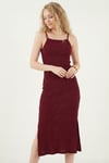 İp Askılı Fitted-Vücuda Oturan Yırtmaçlı Midi Kadın Elbise 5865573 BORDO