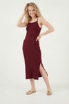 İp Askılı Fitted-Vücuda Oturan Yırtmaçlı Midi Kadın Elbise 5865573 BORDO