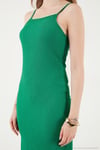 İp Askılı Fitted-Vücuda Oturan Yırtmaçlı Midi Kadın Elbise 5865573 YEŞİL