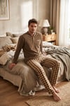 Kareli Düğmeli Hakim Yaka Yumuşak Dokulu Polar Erkek Pijama Takımı 6097023 CAMEL