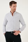 Kareli Pamuk Karışımlı Düğmeli Yaka Uzun Kollu Slim Fit Erkek Gömlek CF23S7497 LACİVERT-SİYAH