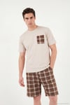 Kareli Pamuklu Regular Fit Şortlu Erkek Pijama Takımı 6572021 BEJ
