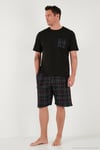 Kareli Regular Fit Pamuklu Bisiklet Yaka Kısa Kollu Şortlu Erkek Pijama Takımı 6572020 SİYAH