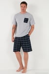 Kareli Regular Fit Pamuklu Bisiklet Yaka Kısa Kollu Şortlu Erkek Pijama Takımı 6572020 GRİ MELANJ