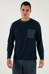 Kareli Yumuşak Dokulu Regular Fit Uzun Kollu Erkek Pijama Takımı 609611060 LACİVERT-GRİ