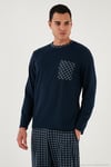 Kareli Yumuşak Dokulu Regular Fit Uzun Kollu Erkek Pijama Takımı 609611060 LACİVERT-GRİ