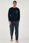 Kareli Yumuşak Dokulu Regular Fit Uzun Kollu Erkek Pijama Takımı 609611060 LACİVERT-GRİ