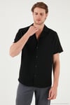 Keten Görünümlü Kısa Kollu Apaş Yaka Regular Fit Erkek Gömlek CF23S116775 SİYAH