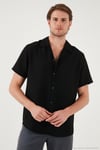 Keten Görünümlü Kısa Kollu Apaş Yaka Regular Fit Erkek Gömlek CF23S116775 SİYAH