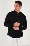 Keten Görünümlü Pamuklu Regular Fit Hakim Yaka Erkek Gömlek CF25S112637 SİYAH