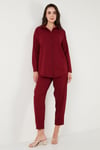 Keten Karışımlı Regular Fit Lastikli Bel Uzun Kollu Alt Üst Kadın Takım 6696622 BORDO