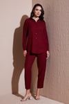 Keten Karışımlı Regular Fit Lastikli Bel Uzun Kollu Alt Üst Kadın Takım 6696622 BORDO