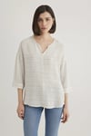 Keten Karışımlı Regular Fit V Yaka Çizgili Kadın Gömlek 1210328-83905 KUM-MAVİ