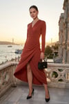 Kruvaze Yaka Yırtmaçlı Drape Detaylı Midi Abiye Kadın Elbise 611EL1769 KİREMİT