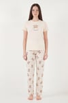 Lela % 100 Pamuk Regular Fit Desenli Bisiklet Yaka Kadın Pijama Takımı 65790784 EKRU