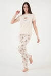 Lela % 100 Pamuk Regular Fit Desenli Bisiklet Yaka Kadın Pijama Takımı 65790784 EKRU