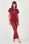 Lela % 100 Pamuk Regular Fit Desenli Bisiklet Yaka Kadın Pijama Takımı 65790784 KIRMIZI