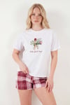Lela % 100 Pamuk Regular Fit Desenli Şortlu Kadın Pijama Takımı 65790782 BEYAZ-BORDO