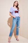Lela % 100 Pamuklu Baskılı V Yaka Bayan T Shirt 6010022 LİLA