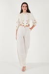 Lela Ajurlu ve Nakış İşlemeli Pamuklu Slim Fit Bisiklet Yaka Crop Bayan Bluz 676215 EKRU