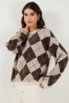 Lela Baklava Desenli Oversize Bisiklet Yaka Yumuşak Dokulu Bayan Kazak 4616262 KAHVE