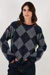 Lela Baklava Desenli Oversize Bisiklet Yaka Yumuşak Dokulu Bayan Kazak 4616262 LACİVERT