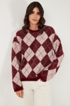 Lela Baklava Desenli Oversize Bisiklet Yaka Yumuşak Dokulu Bayan Kazak 4616262 BORDO